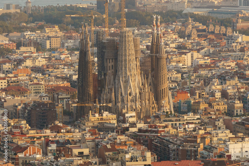 View of the Sagrada Familia of Barcelona, Catalonia, Spain, from above. The Holy Family, work of Gaudí, is the tourist icon of Barcelona