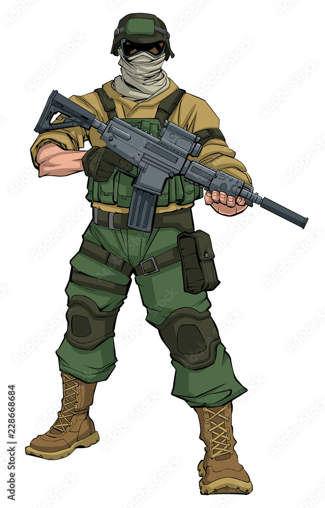 Full-length illustration of masked soldier on patrol, holding machine ...