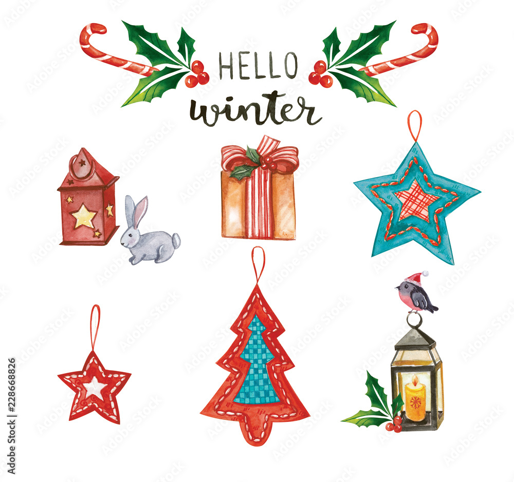 Christmas elements, lantern, tree, gifts, bullfinch, sock on a white background.