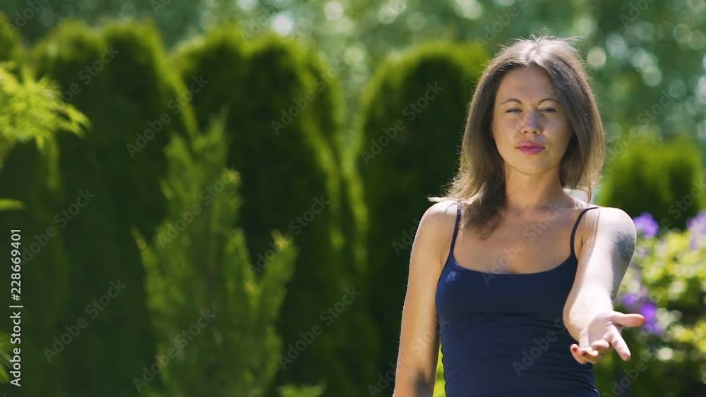 Woman reaches hand offers help, asks to join, place for ad text, community club Woman reaches hand offers help, asks to join, place for ad text, community club