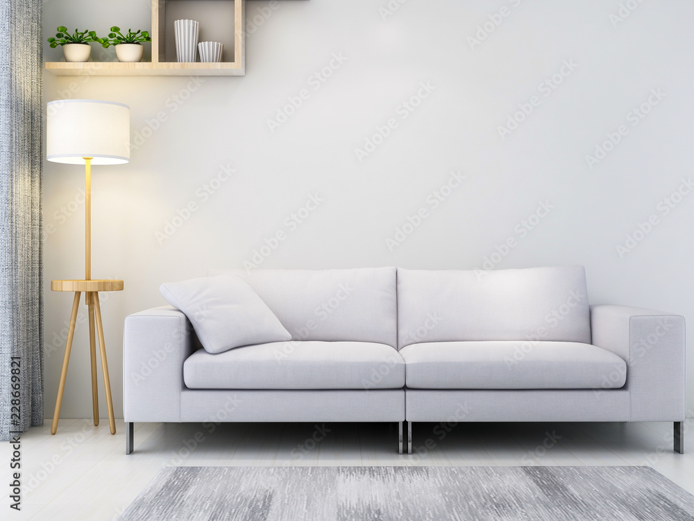 Cloth sofa, bedside table, green plants and floor lamp in modern living room Cloth sofa, bedside table, green plants and floor lamp in modern living room