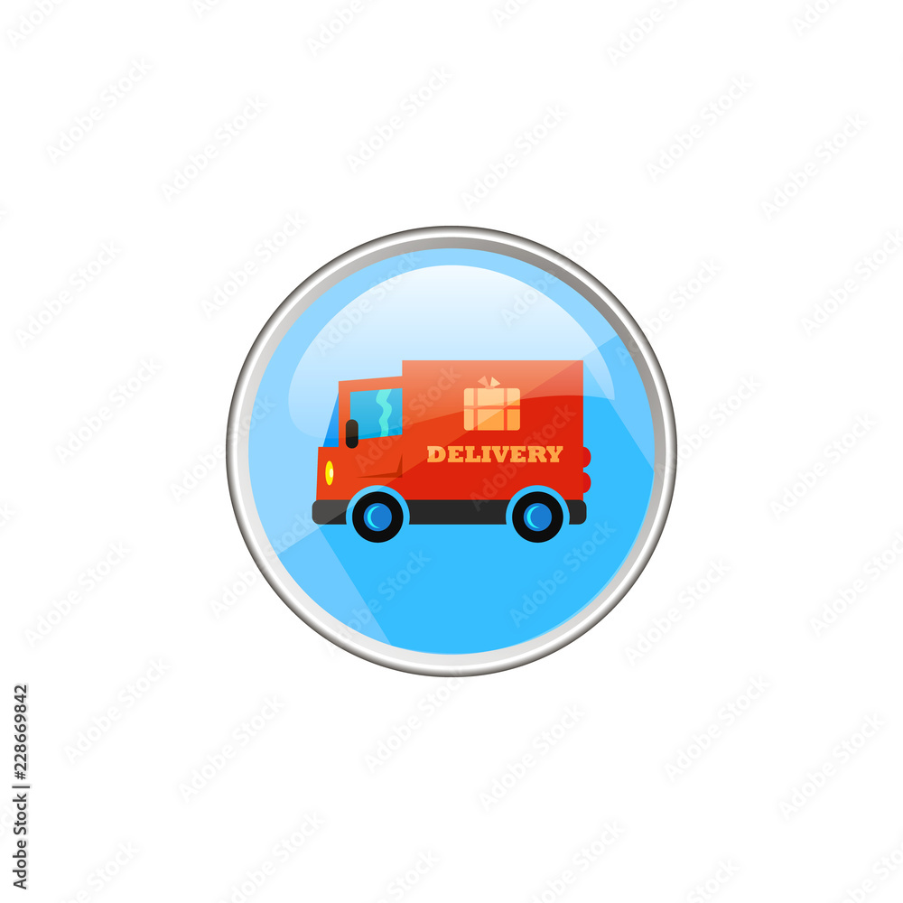 color simple vector round glass icon of red delivery car