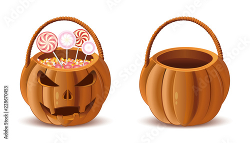 Pumpkin baskets for sweets. Halloween baskets set. Jack-o-lantern basket. Vector illustration isolated on white background