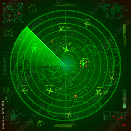 Abstract military radar display with with planes traces and target signs