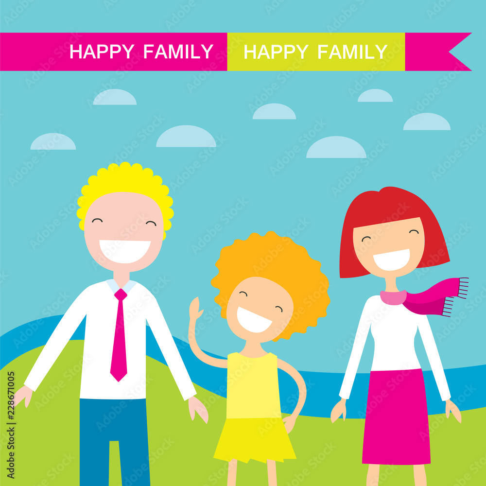 Happy family members parents and their daughter. Lovely cartoon characters on nature sunny summer day background.Vector illustration Happy family members parents and their daughter. Lovely cartoon characters on nature sunny summer day background.Vector illustration