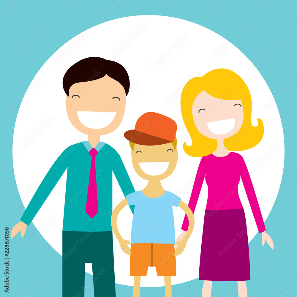 Happy family members parents and their son. Lovely cartoon characters.Vector illustration Happy family members parents and their son. Lovely cartoon characters.Vector illustration