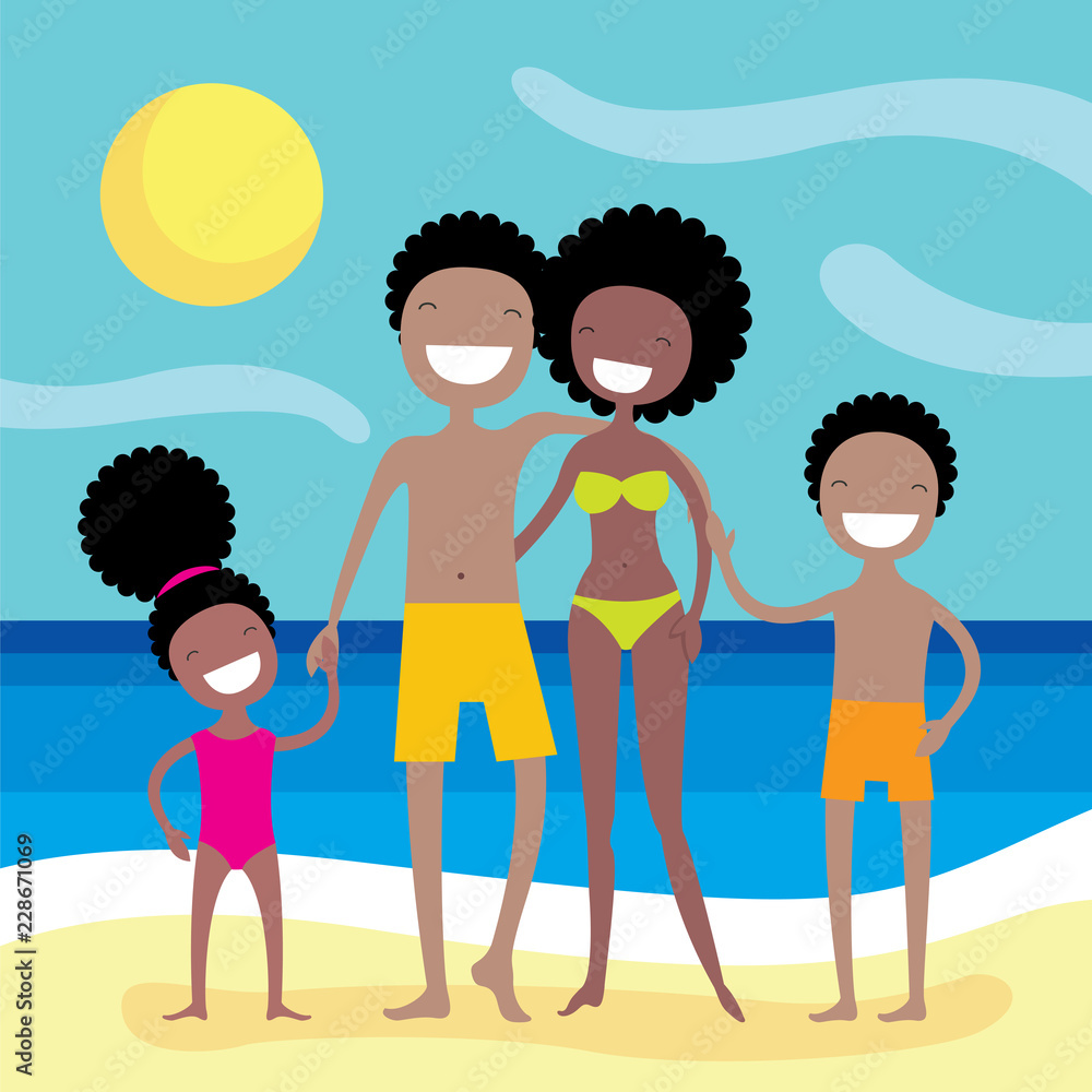 Happy African American family on the beach. Summer vacation, holidays by  the sea. Vector illustration of lovely cartoon characters. Stock Vector |  Adobe Stock