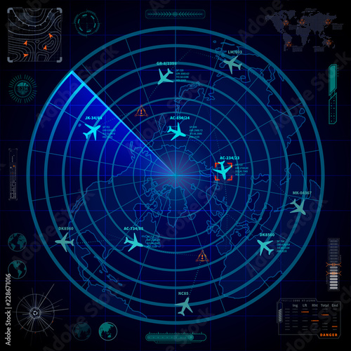 Bright military radar display with with planes traces and target signs on blue background