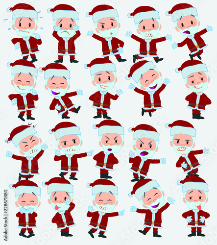 Cartoon character Santa Claus. Set with different postures, attitudes and poses, doing different activities in isolated vector illustrations.