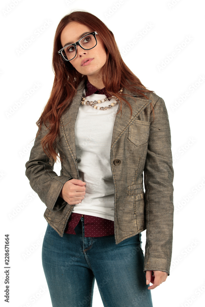 Blank t-shirt mock-up - Cute preppy, fashion geek girl ready for your design Blank t-shirt mock-up - Cute preppy, fashion geek girl ready for your design
