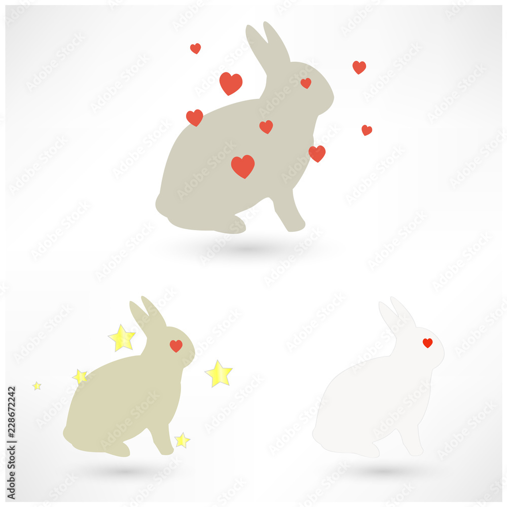 Easter Rabbit silhouette set with hearts and stars