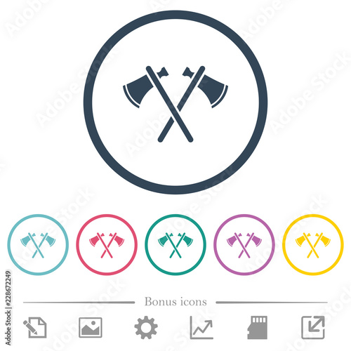 Two tomahawks flat color icons in round outlines