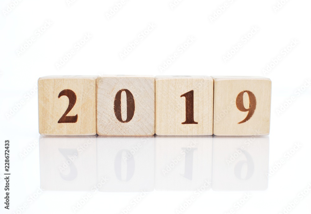 Wooden cubes with 2019 numbers on white background with reflection. New year concept. Wooden cubes with 2019 numbers on white background with reflection. New year concept.