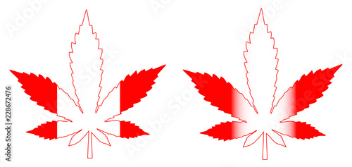 Set of two different marijuana leaves with the colors of canadian flag. Concept of the legalization of recreational cannabis use in Canada.