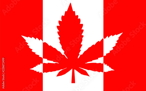 Flag of Canada design with a red cannabis leaf. Original concept of the legalization of marijuana in Canada. Allowed recreational use of marijuana.