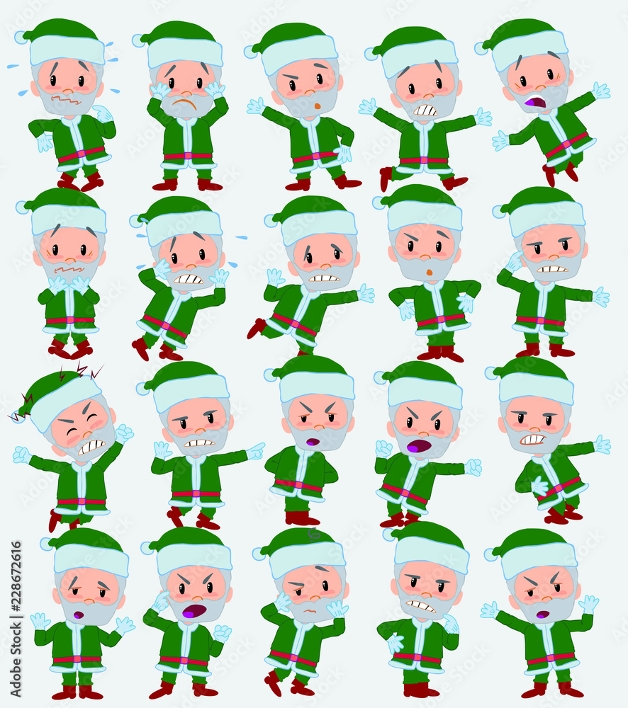 Cartoon character green Santa Claus. Set with different postures, attitudes and poses, always in negative attitude, doing different activities in vector vector illustrations.