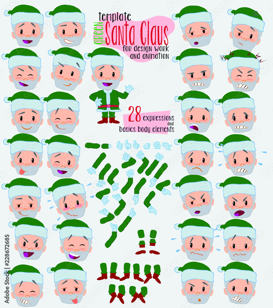 Fototapeta premium Green Santa Claus. Twenty eight expressions and basics body elements, template for design work and animation. Vector illustration to Isolated and funny cartoon character.