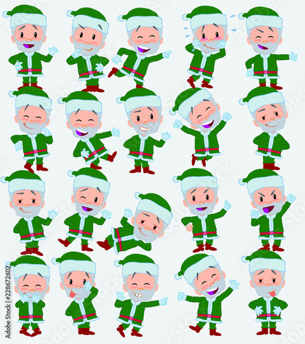 Cartoon character green Santa Claus. Set with different postures  attitudes and poses  always in positive attitude  doing different activities in vector vector illustrations.
