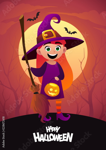 Happy Halloween cartoon character costume witch red background