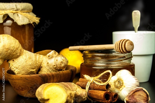 Treatment of influenza and colds. Traditional medicine. Ginger tea. Hot drink. Medicinal plants. Home pharmacy.