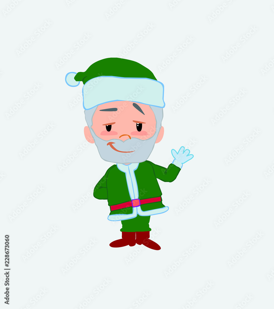 Green Santa Claus waving with a dreamy expression.