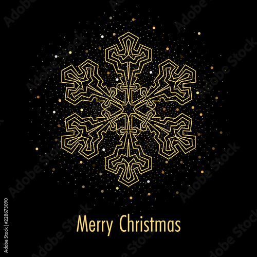 Illustration of christmas greeting card or invitation with decorative snowflake and golden confetti on black background