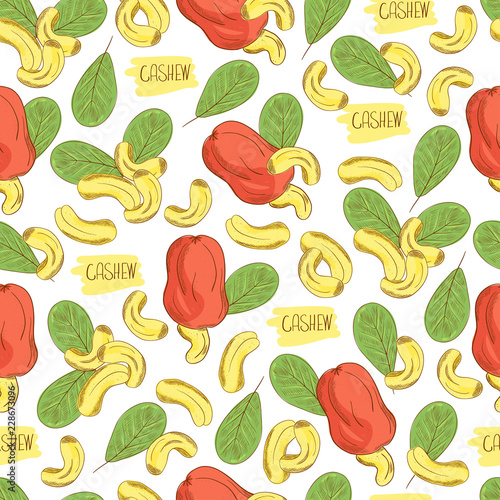 Fototapeta Naklejka Na Ścianę i Meble -  Cashew. Sketch. Background, wallpaper, seamless. Can be used on packaging, package. A drawing on a white background. Nuts, dried fruit.