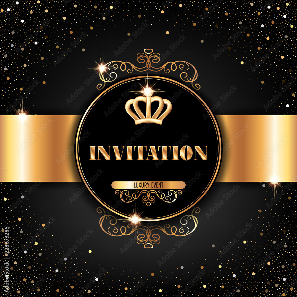 VIP invitation template with golden crown and sparkling confetti on black background