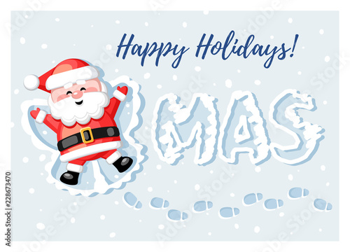 Merry Christmas! Happy Holidays! Funny Santa Claus lying in snow and making a Snow Angel. Vector illustration.