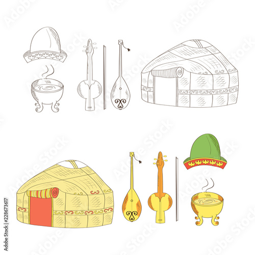 A set of Kazakh objects. Yurt, dombra, kobyz, headdress, a container for cooking food. Color and monochrome drawing. Sketch