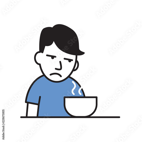 Sick young man with no appetite in front of the meal. Colorful flat vector illustration. Isolated on white background.