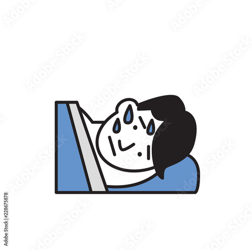 Young man soaked in sweat lying in his bed. Cartoon design icon. Colorful flat vector illustration. Isolated on white background.