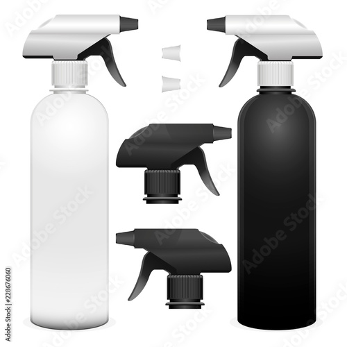 Set of spray bottles with detalies. Realistic vector illustration of pistol spray with pump mocup in black and white color. Can be used for cleaner, liquid, foam, and other.