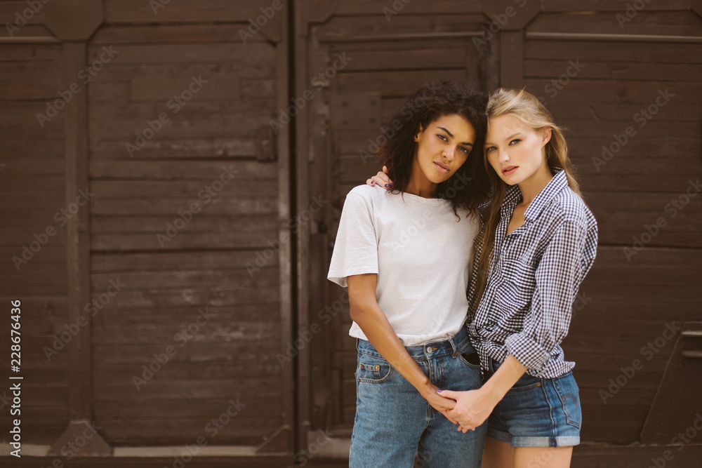 Young pretty african american woman with dark curly hair in T-shirt and jeans and attractive woman with blond hair in shirt and denim shorts dreamily looking in camera while spending time together Young pretty african american woman with dark curly hair in T-shirt and jeans and attractive woman with blond hair in shirt and denim shorts dreamily looking in camera while spending time together
