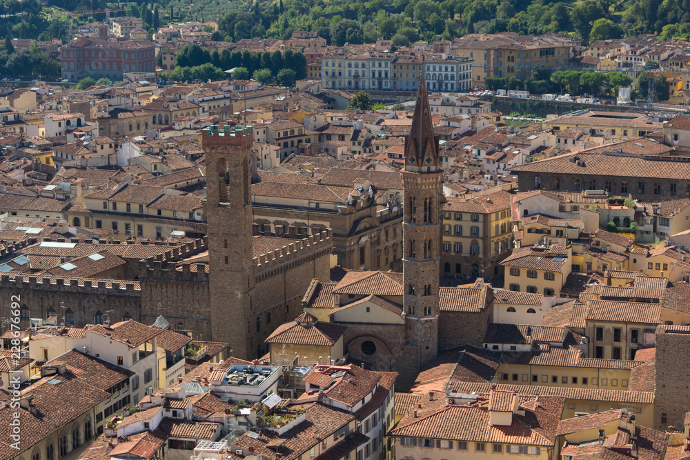 Aerial view of Florence and Palazzo Vecchio in Piazza della Signoria in Florence, Italy. Architecture and landmark of Florence.
