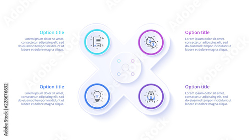 Business process chart infographics with 4 step segments. Circular corporate timeline infograph elements. Company presentation slide template. Modern vector info graphic layout design.