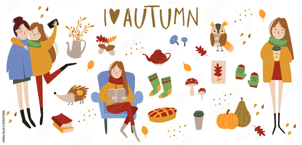 Set of cute autumn animals, plants, food and sweets, girls, women