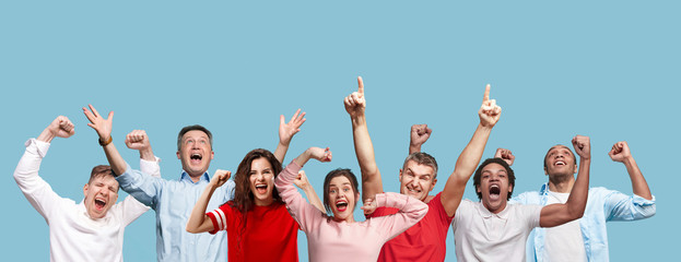 Collage of winning success happy men and women celebrating being a winner. Dynamic image of caucasian male and female models on blue studio background. Victory, delight concept. Human facial emotions