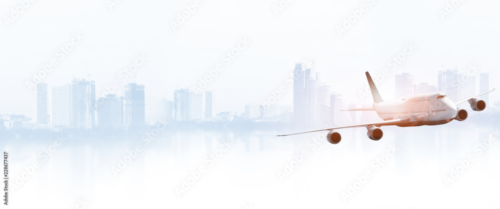 Big white airplane is flying ,  for Business trip with Commercial plane , Transportation, import-export and logistics, Travel concept  travel and tourism concept , ready for summer banners design