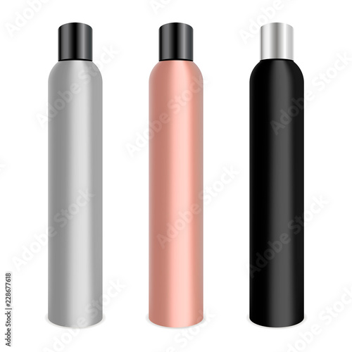 Hair lacquer cosmetics bottle set. Metal bottles mockup with black and silver caps.3d realistic vector illustration.