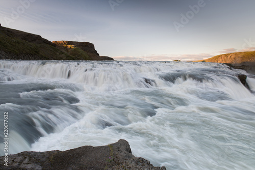 Amazing huge beautiful waterfall Gullfoss  famous landmark in Iceland  selective focus