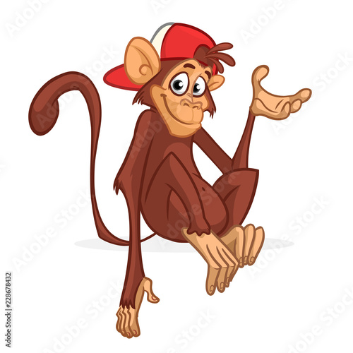 Cute cartoon monkey chimpanzee wearing hat. Vector illustration of a monkey