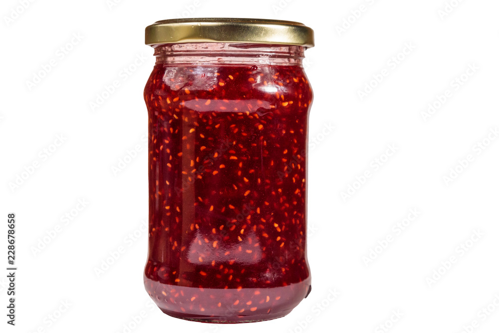 Raspberry jam in glass jar isolated on white background Raspberry jam in glass jar isolated on white background