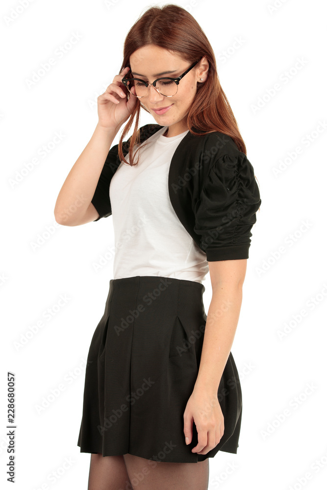 Blank t-shirt mock-up - Cute preppy, fashion geek girl ready for your design Blank t-shirt mock-up - Cute preppy, fashion geek girl ready for your design