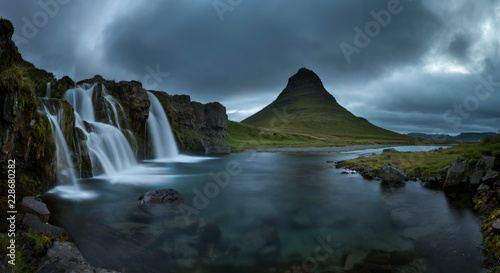 Fantastic evening with Kirkjufell volcano the coast of Snaefellsnes peninsula. Picturesque and gorgeous morning scene. Location famous place Kirkjufellsfoss waterfall  Iceland  Europe. Beauty world