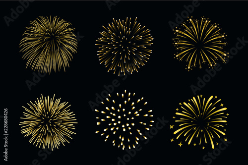 Beautiful gold fireworks set. Bright fireworks isolated black background. Light golden decoration fireworks for Christmas, New Year celebration, holiday festival, birthday card. Vector illustration