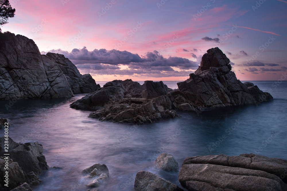Spain, Catalonia, Lloret de Mar, Cala Trons at twilight Spain, Catalonia, Lloret de Mar, Cala Trons at twilight