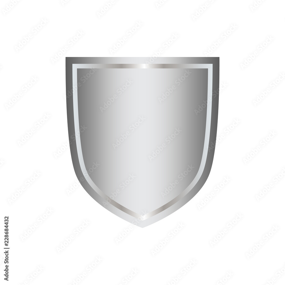 Silver shield shape icon. 3D gray emblem sign isolated on white background. Symbol of security, power, protection. Badge shape shield graphic design. Vector illustration Silver shield shape icon. 3D gray emblem sign isolated on white background. Symbol of security, power, protection. Badge shape shield graphic design. Vector illustration
