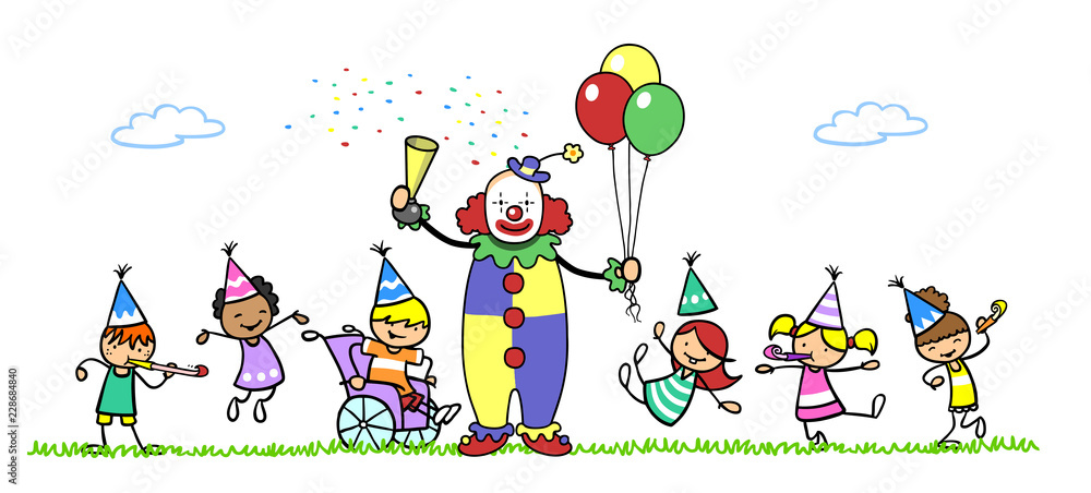 Fototapeta premium Clown auf Kindergeburtstag mit Kind im Rollstuhl