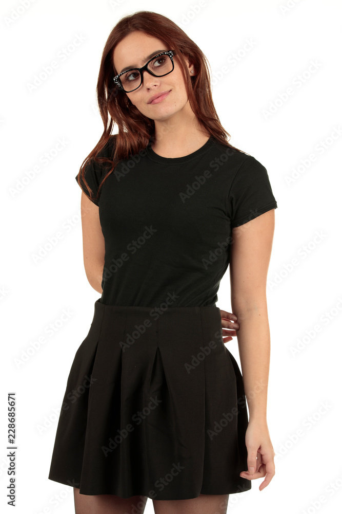 Blank t-shirt mock-up - Cute preppy, fashion geek girl ready for your design Blank t-shirt mock-up - Cute preppy, fashion geek girl ready for your design